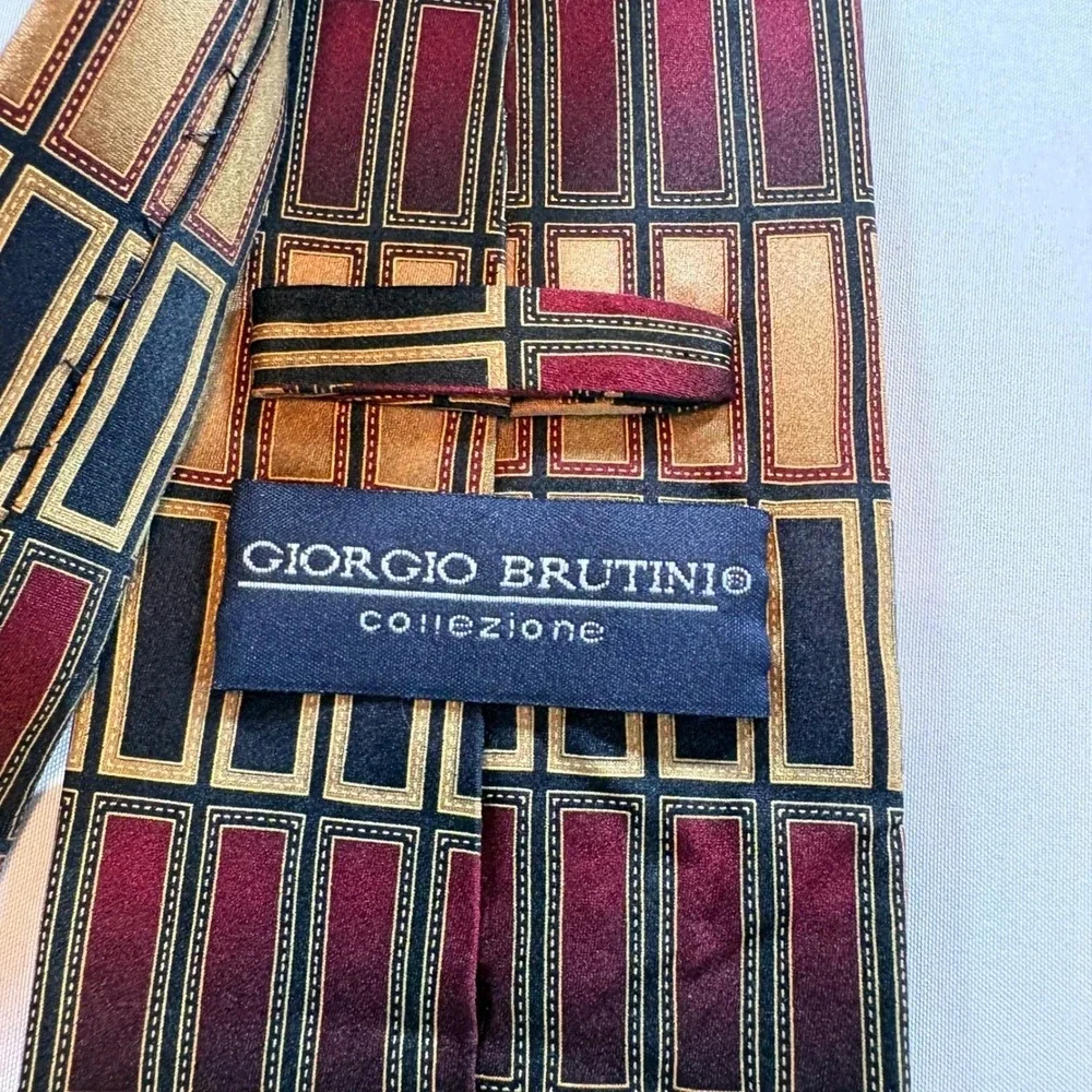 Giorgio Brutini Silk Tie & Pocket Square Set Mens Gold Burgundy Geometric Formal